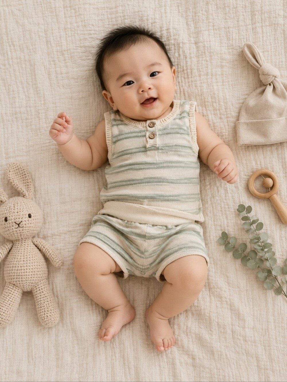 Quincy Mae Cream and Sage Striped Knit Tank & Shorts Set | 3-6M